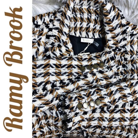 NWT RAMY BROOK Mallary Gold Plaid Tweed Wool Blend Blazer Fringe Trim, Size 8 - Picture 6 of 11